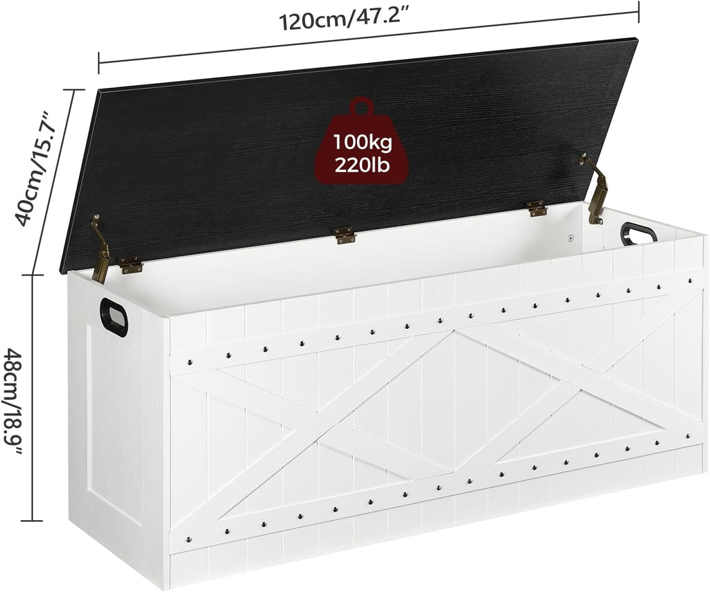 MAHANCRIS 47.2" Storage Chest, Extra Large Toy Box with 2 Safety Hinges, Wooden Toy Chest, Storage Bench with Rivets, Storage Trunk for Bedroom, Living Room, Entryway, White and Black SCBB18501