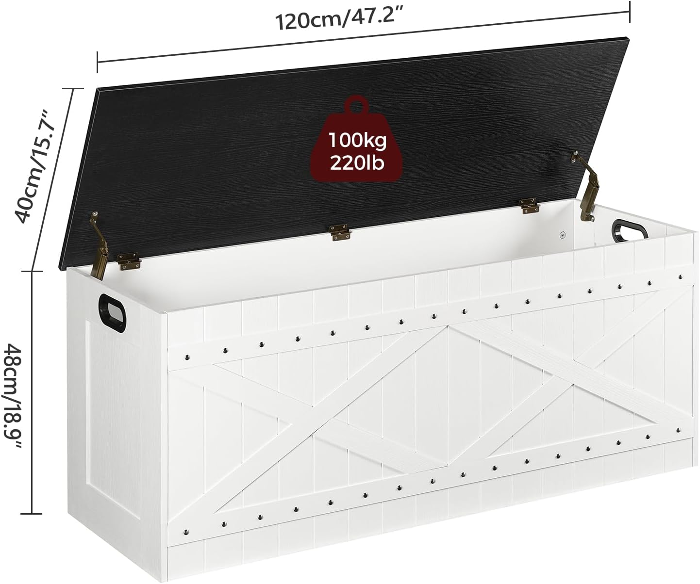 MAHANCRIS 47.2" Storage Chest, Extra Large Toy Box with 2 Safety Hinges, Wooden Toy Chest, Storage Bench with Rivets, Storage Trunk for Bedroom, Living Room, Entryway, White and Black SCBB18501