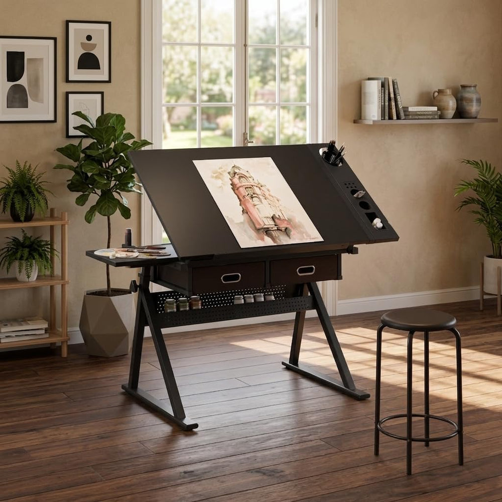 Adjustable Drafting Table Desk with Storage, 2 Drawers, Tilting | MDF tilting...