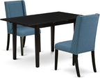 East West Furniture NOFL3-BLK-21 3 Piece Modern Dining Table Set Contains a Rectangle Wooden Table with Butterfly Leaf and 2 Blue Linen Fabric Upholstered Chairs, 32x54 Inch, Black