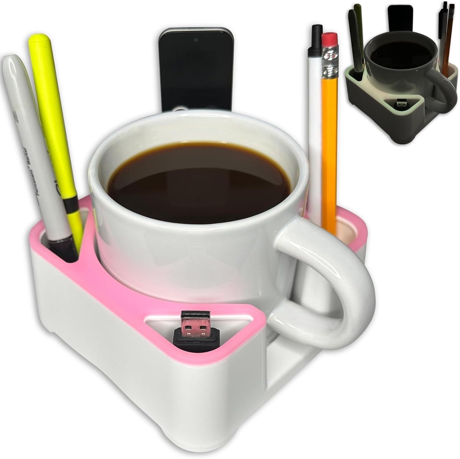 MugBrick Drink Holder for Couch, Bed, Car, Boat - Non-Spill Table and Desk Cup Holder, Tip Proof Spill Prevention Organizer, White + Pink Glow