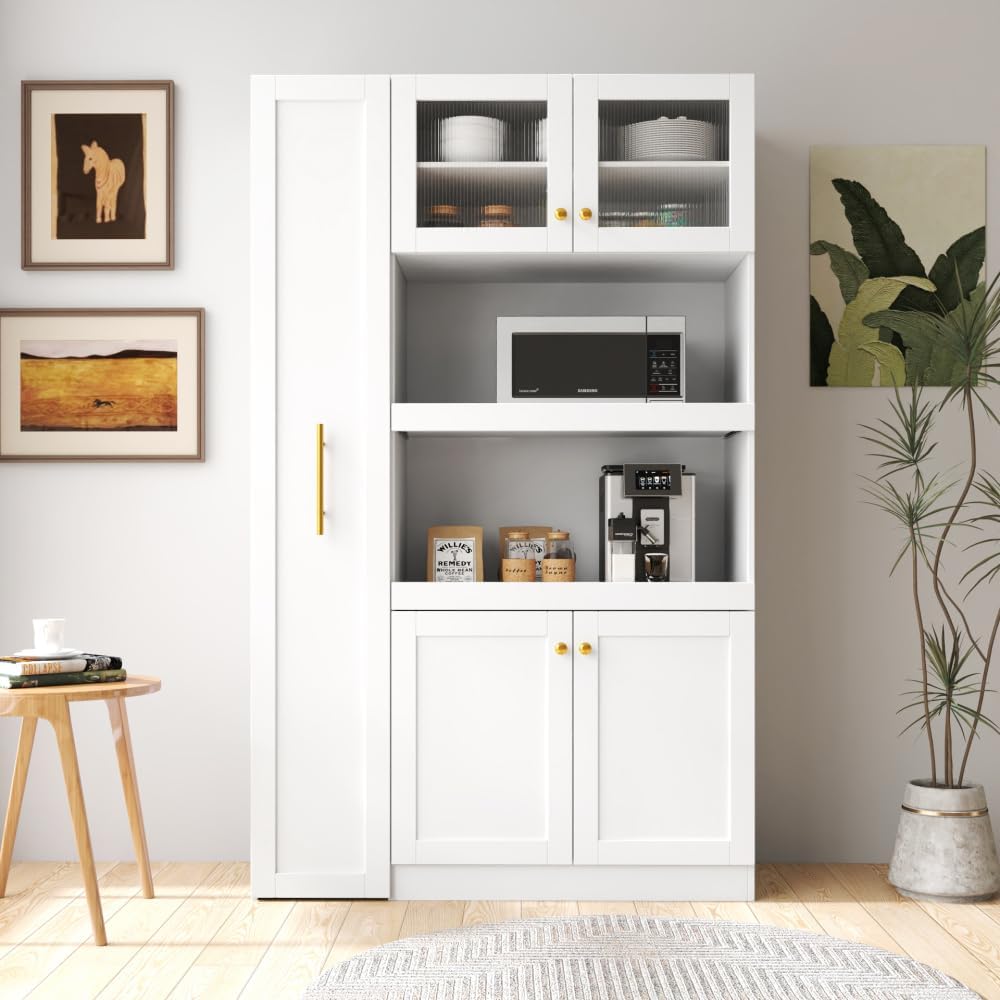 Kitchen Pantry Cabinet with Pull-Out Storage, White, Particle Board, MDF, 43....