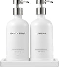 Glass Kitchen Soap Dispenser Set with Ceramic Tray,16.9 floz Hand and Dish Soap Dispenser for Kitchen and Bathroom Decor (White + Silver(Lotion))