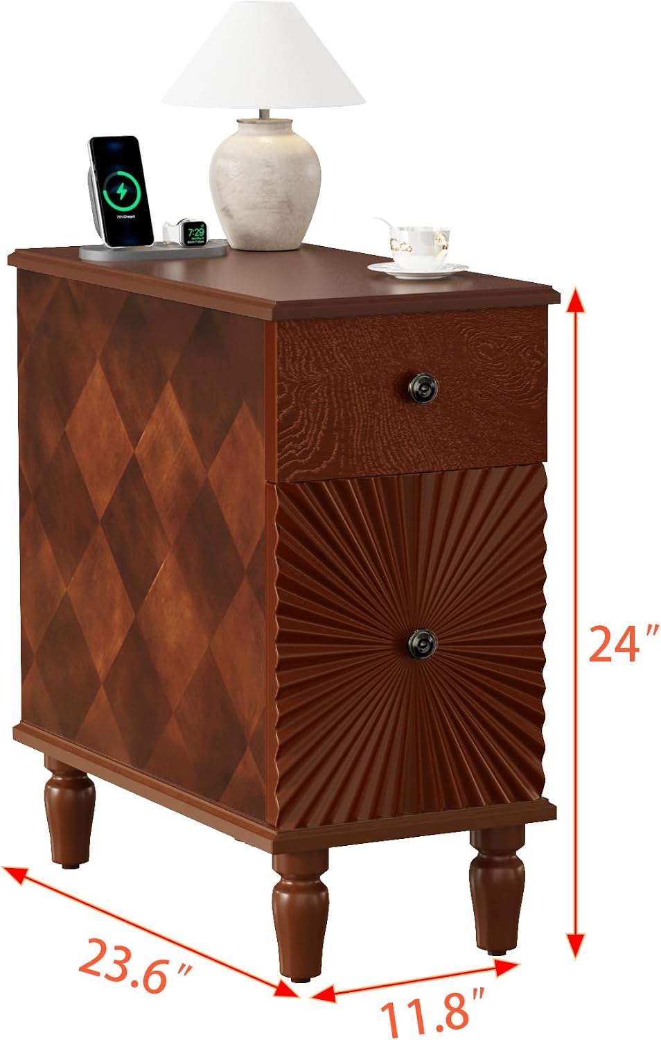 Narrow End Table with Charging Station, Slim Side Table with Drawers for Smal...