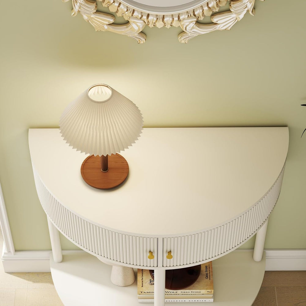 Artisan-Crafted Wave-Pattern Demi-Lune Console Table with Creamy White Finish...