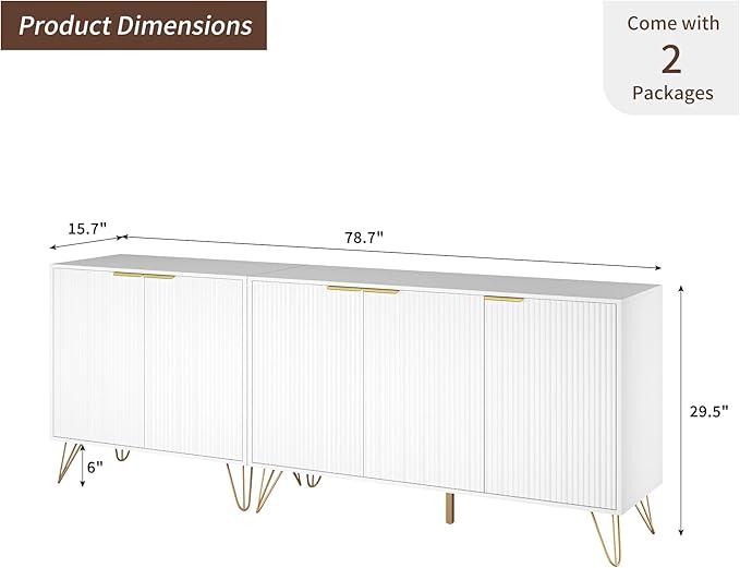 Fluted TV Stand for 80 Inch TV, Modern TV Stand Console, White Entertainment Center with Storage Cabinets, Adjustable Shelves & Gold Handles, Wood Media Cabinet for Living Room