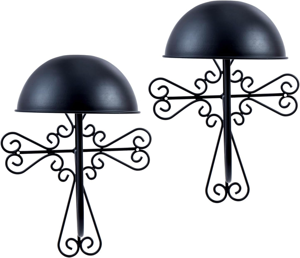 MyGift 2 Pcs Vintage Hat Holder Rack Wall Mount, Helmet and Large Brim Hat Holder, Hanging Black Metal Wig Display Dome, Scrollwork Cross Style