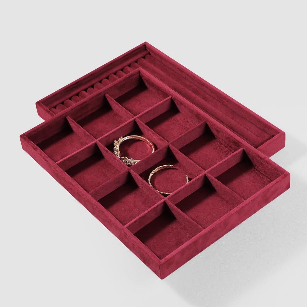 Velvet Stackable Jewelry Display Tray, 12 Grid Watch Bangle Bracelet Storage Tray, Makeup Drawer Insert Jewelry Shop Organizer Plate (Red)