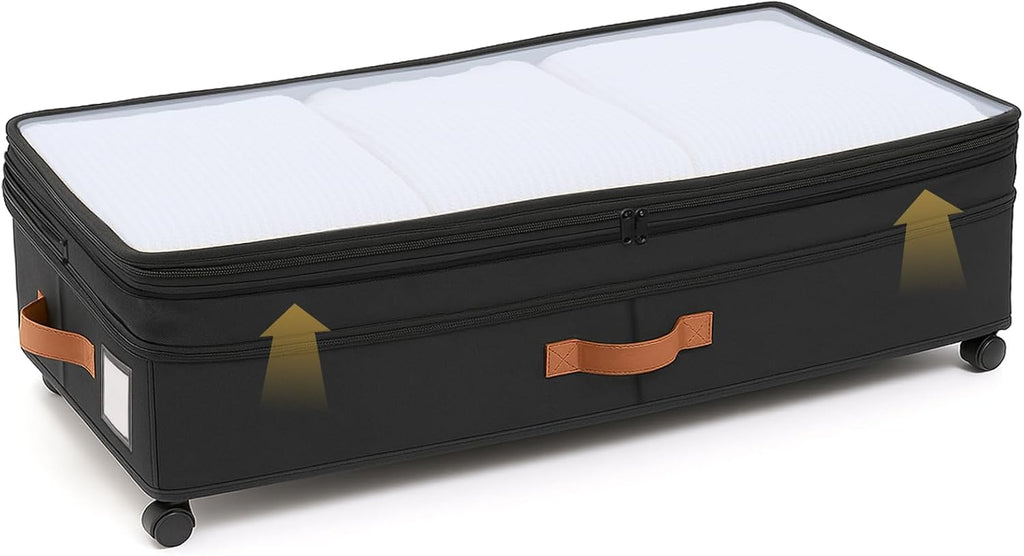 AVOKIHI Under Bed Storage Containers with Wheels, 60L Large Underbed Organizer Box for Clothes, Blankets & Shoes, 9.5 Inch Adjustable Height Under the Bed Storage Bin with Clear Top