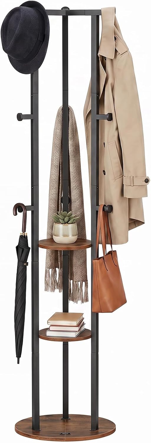 HOOBRO Coat Rack Freestanding, Coat Tree with 9 Hooks and 3 Storage Shelves