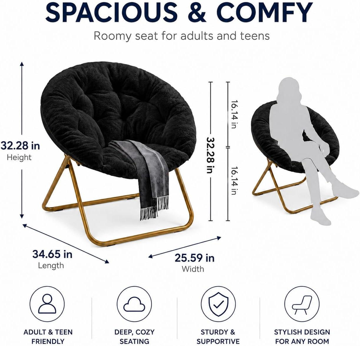HealSmart Saucer Chair, Comfy Faux Fur Chair for Bedroom, Saucer Chairs for Adults, Teens, Round Shaped Moon Chair with Foldable Metal Frame, Black