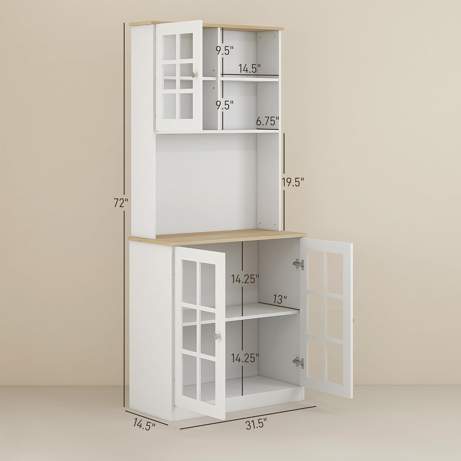 31.5"D*14.5"W*72"H Freestanding Kitchen Pantry with 4 Adjustable Shelves, 19"H Top Single Door & 28.5"H Lower French Door, Rectangular Storage Cabinet, for Living Room, Dining Room, White