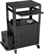 Mobile AV Cart with Side Shelves, Rolling Computer Cart Height Adjustable Rolling Media Utility Cart with Pullout Keyboard Tray Extra Storage Space, 4 Outlets, Perfect for Home or Office Use