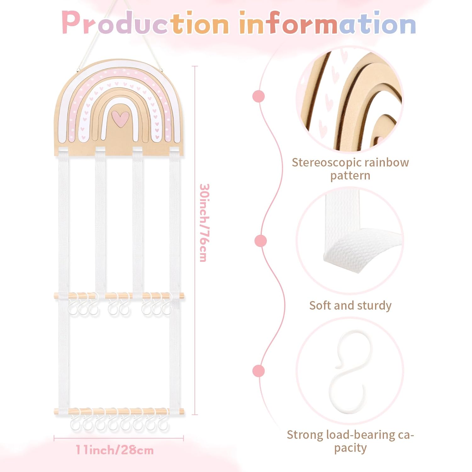 POVETIRE Headband Holder Bow Holder for Girls Hair Bows,Rainbow Hair Accessories Organizer Storage Wall Hanging Display for Nursery Toddler Girls Room