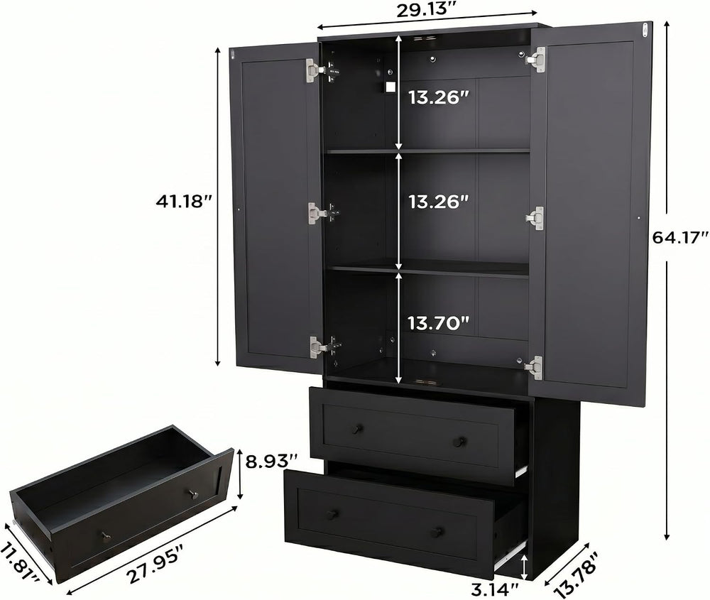 DIYART 64.2" Tall Black Kitchen Pantry, Storage Cabinet with Doors and D...