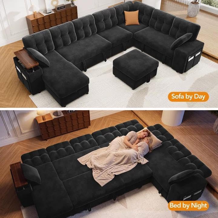 Vipbear 130" Modular Sectional Sleeper Sofa with Pull Out Bed, 9 Seat L ...
