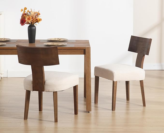 chairus Farmhouse Dining Chairs Set of 2, Upholstered Accent Chairs with Dark Brown T-Shape Wood Back Armless Kitchen Chairs with Soft Pad, Linen Beige
