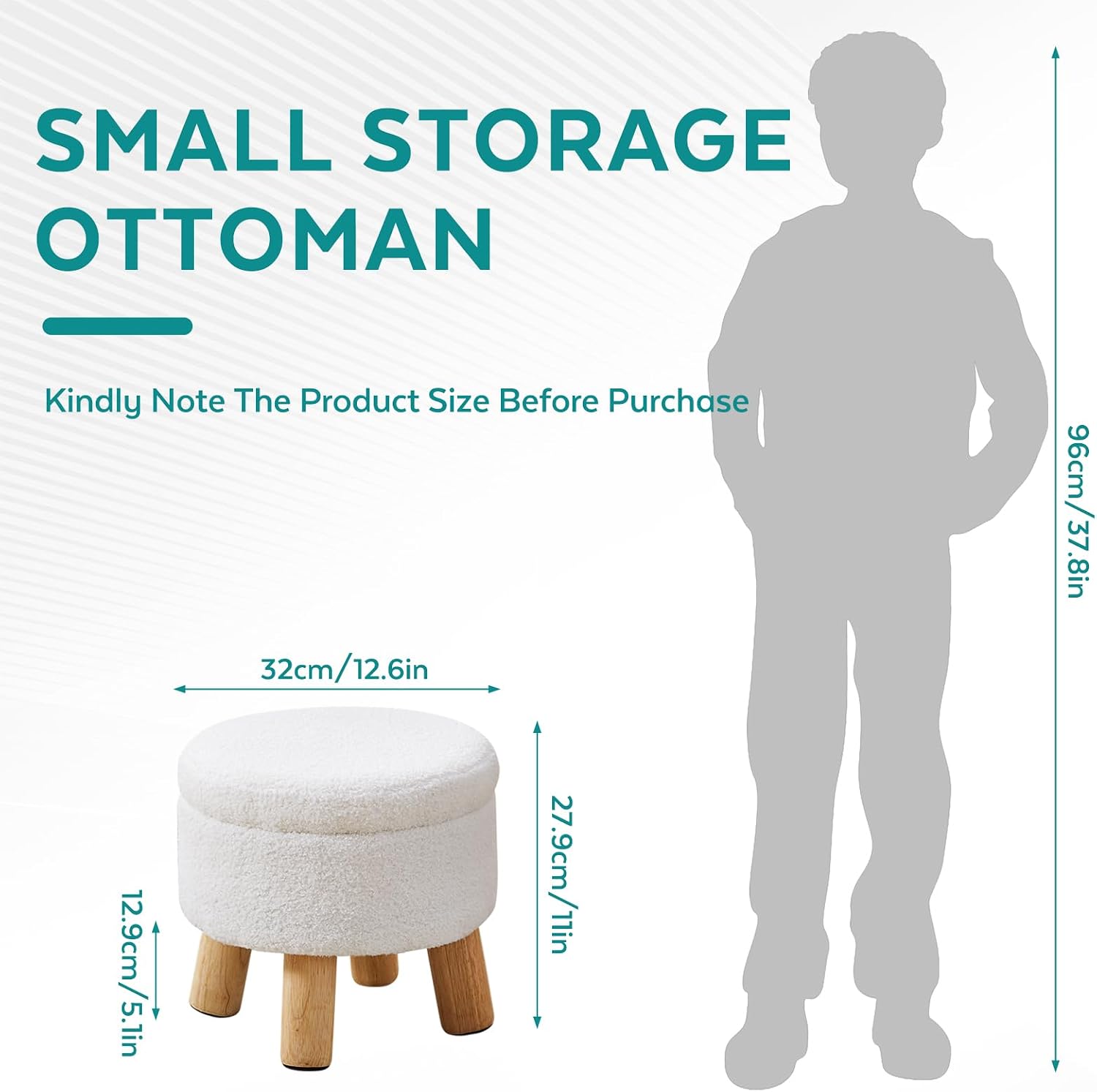 Small Ottoman with Storage, Small Storage Ottoman Round, Sherpa Foot Stool with Legs, Ottomans and Footstools for Living Room and Entryway (White)