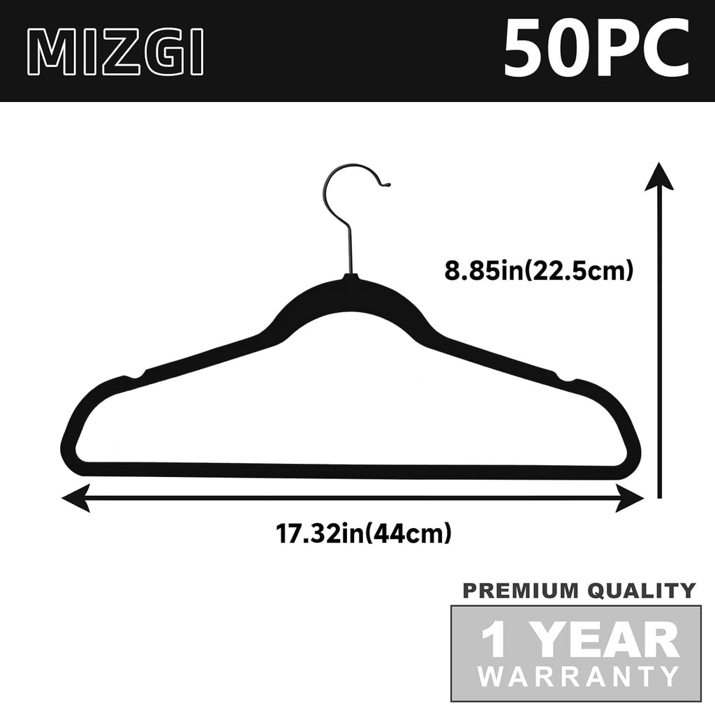 MIZGI Premium All Black Velvet Hangers with Black Hooks (50 Pack) Heavy Duty - Non Slip Felt Hangers - 360 Degree Swivel,Space Saving Clothes Hangers,Durable Strong Hanger for Suits,Coat