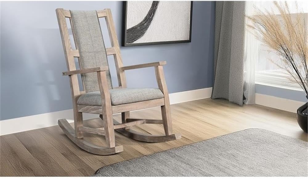 Pemberly Row Wood Farmhouse Rocking Chair, Natural Finish, Gray Upholstered Cushions, Ladder Back Design, Modern Style, High Backrest, Comfortable Seating for Living Room, Bedroom, or Nursery