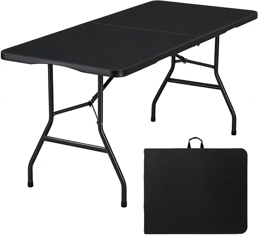 6FT Folding Table, Fold in Half Heavy Duty Plastic Utility Table with Carryin...