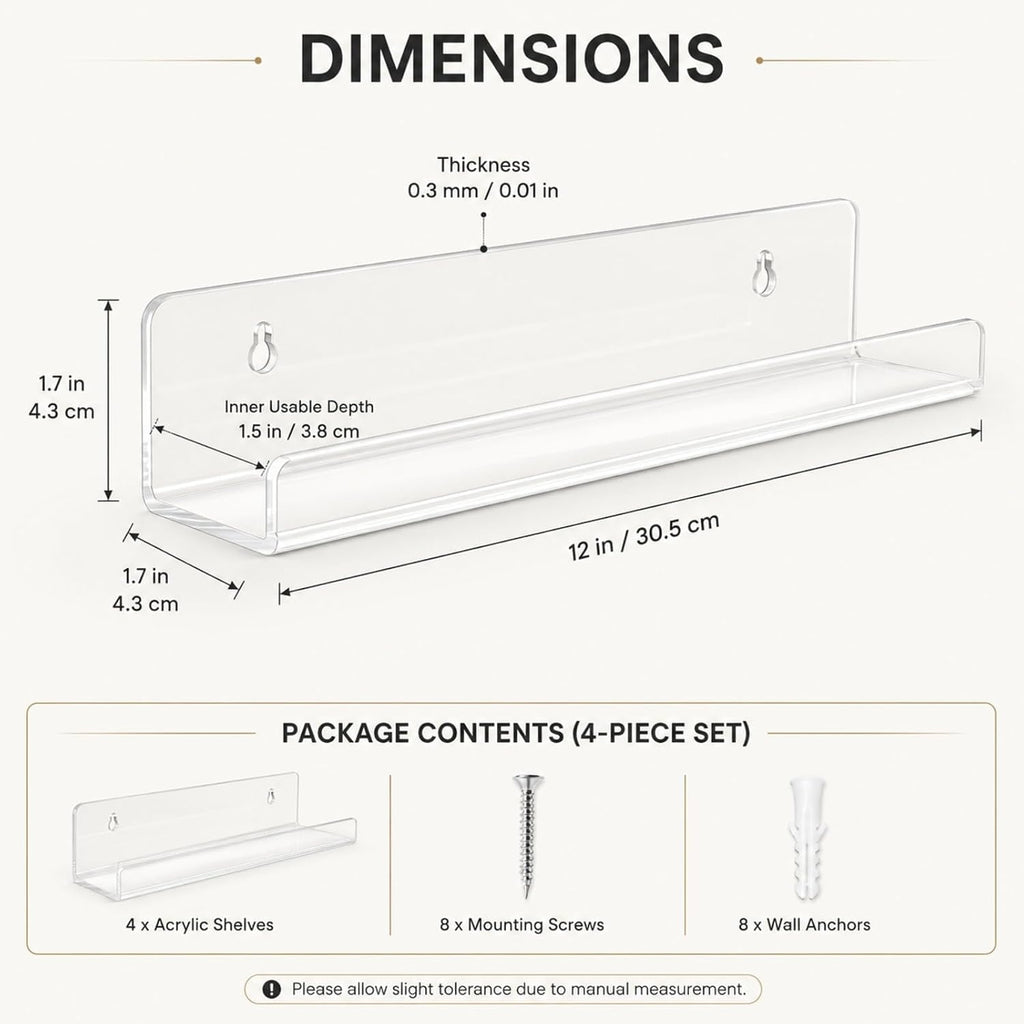4-Pack Hanging Records, 12-Inch Record Holder Display, Clear Acrylic Floating Shelf, Suitable for Bedroom, Living Room, Magazine Rack