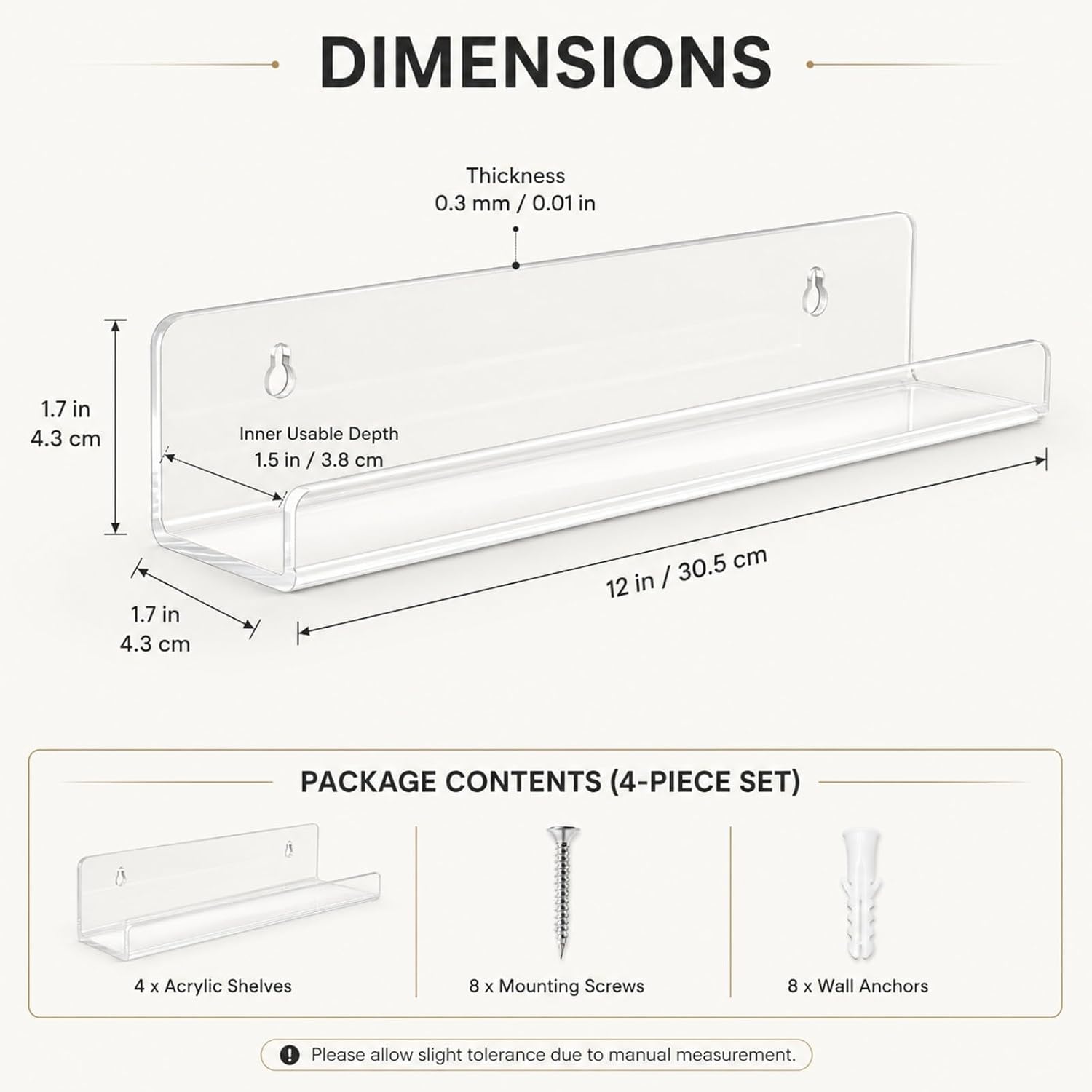 4-Pack Hanging Records, 12-Inch Record Holder Display, Clear Acrylic Floating Shelf, Suitable for Bedroom, Living Room, Magazine Rack