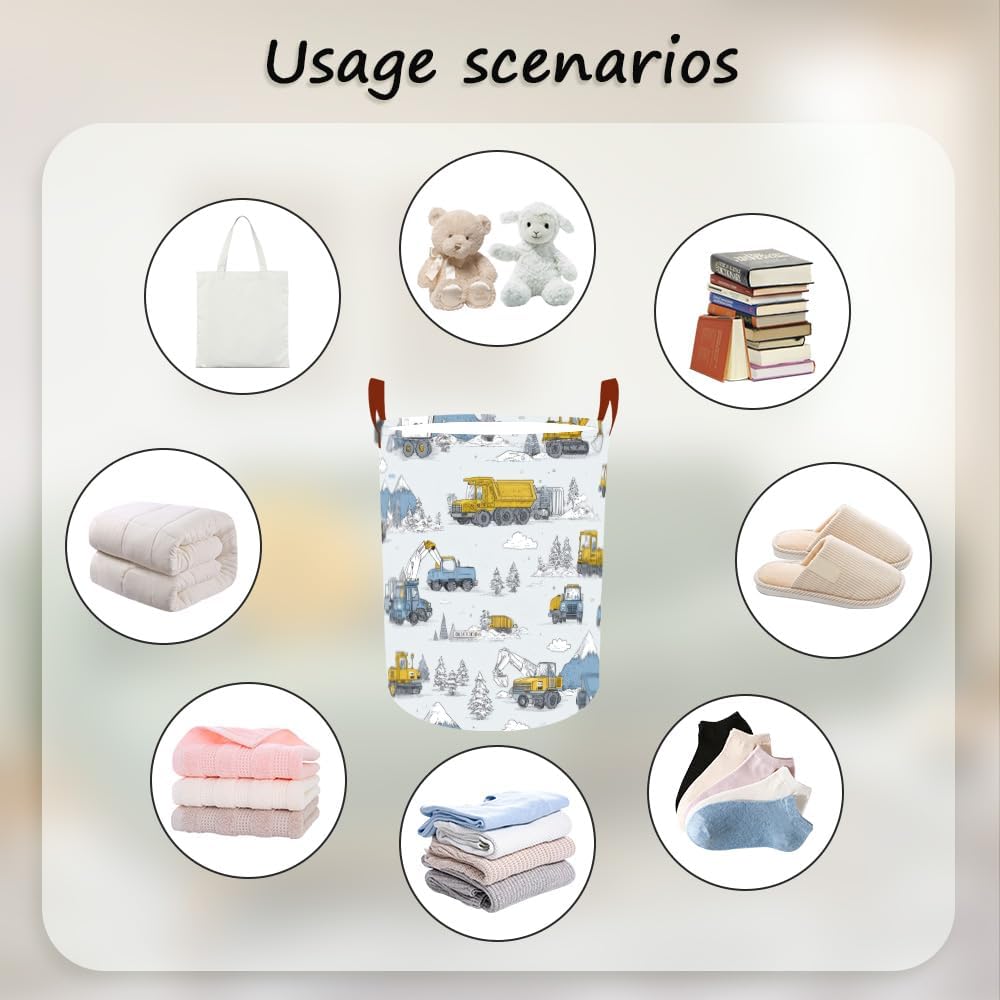 Laundry Baskets 15.7x19.7 Inch Construction Truck Mountain Scene Design Collapsible Laundry Hamper with Handles Oxford Fabric Clothes Storage Bin Foldable Dirty Clothes for Bedroom Bathroom Dorm