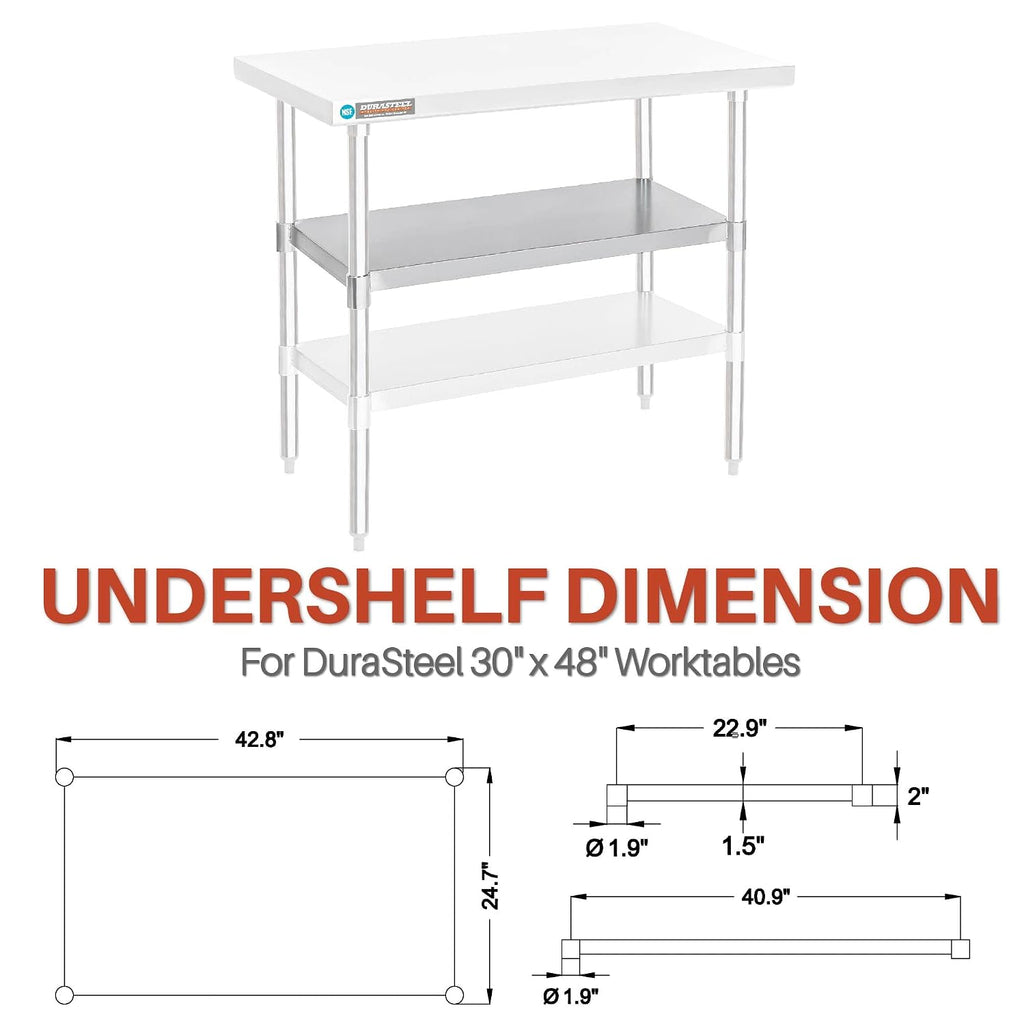 DuraSteel Galvanized Under Shelf for Work Tables - Extra Adjustable Lower Shelf for 30" x 48" Stainless Steel and Wooden Worktables - Fits for use in Restaurant, Warehouse, Home, Kitchen, Garage