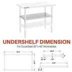 DuraSteel Galvanized Under Shelf for Work Tables - Extra Adjustable Lower Shelf for 30" x 48" Stainless Steel and Wooden Worktables - Fits for use in Restaurant, Warehouse, Home, Kitchen, Garage