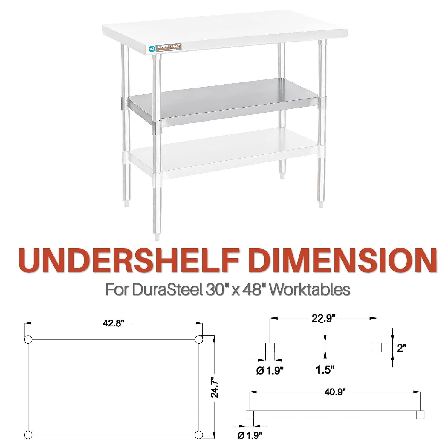 DuraSteel Galvanized Under Shelf for Work Tables - Extra Adjustable Lower Shelf for 30" x 48" Stainless Steel and Wooden Worktables - Fits for use in Restaurant, Warehouse, Home, Kitchen, Garage