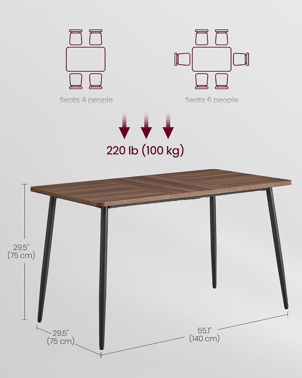 VASAGLE 55.1" Dining Table for 4-6 People, Modern Kitchen Table, Heat-Re...