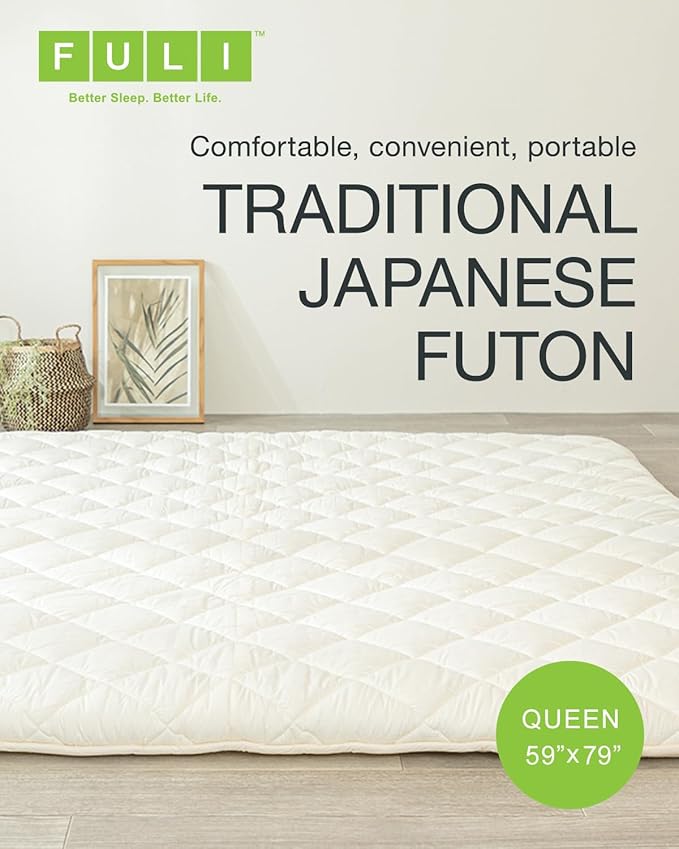 FULI Japanese Futon, Foldable & Portable Floor Lounger Bed, Roll Up Sleeping Pad, Shikibuton, Made in Japan (White, Queen)