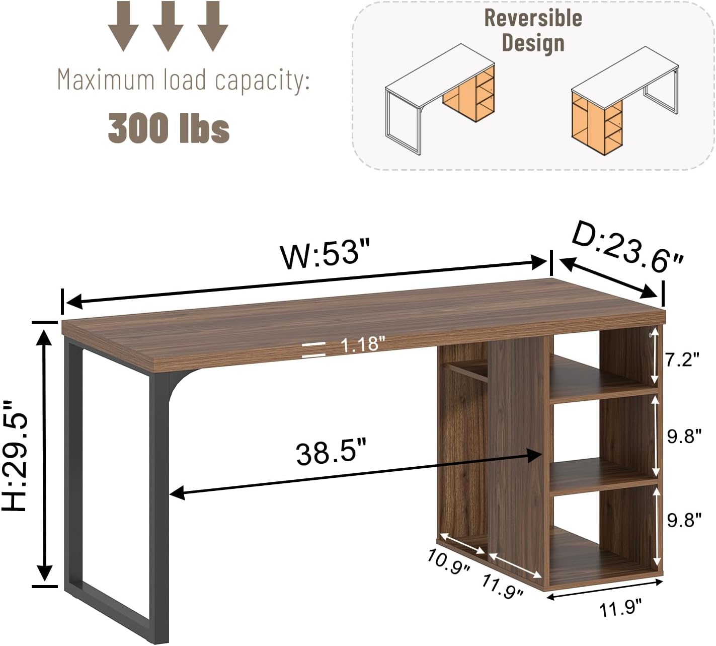 EXCEFUR Home Office Desk with Storage, Modern Computer Desk with Reversible Shelves, Gaming Study Writing Table Workstations for Living Room Bedroom, 53 Inch, Rustic Walnut