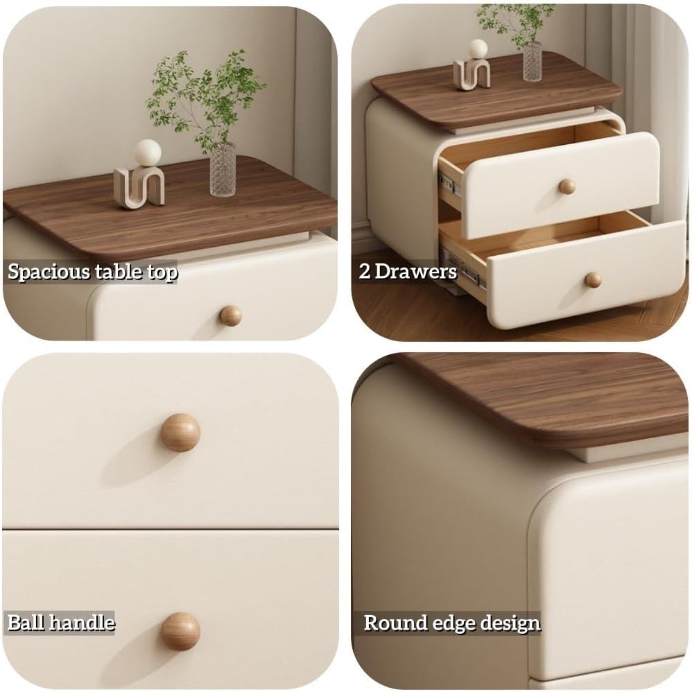 Leather Bedside Table with 2 Drawers, Vintage Wood Nightstand for Bedroom and...