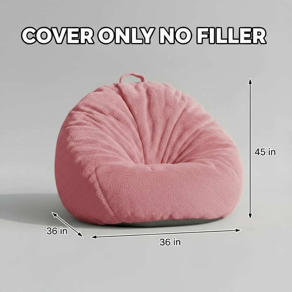 Faux Rabbit Fur Bean Bag Chair Cover Only (No Filler), Stuffed Animal Storage Bean Bag Cover, Ultra‑Soft, Washable, Zippered, Non‑Slip Bottom, Handle,Living Room Furniture for Adults Pink