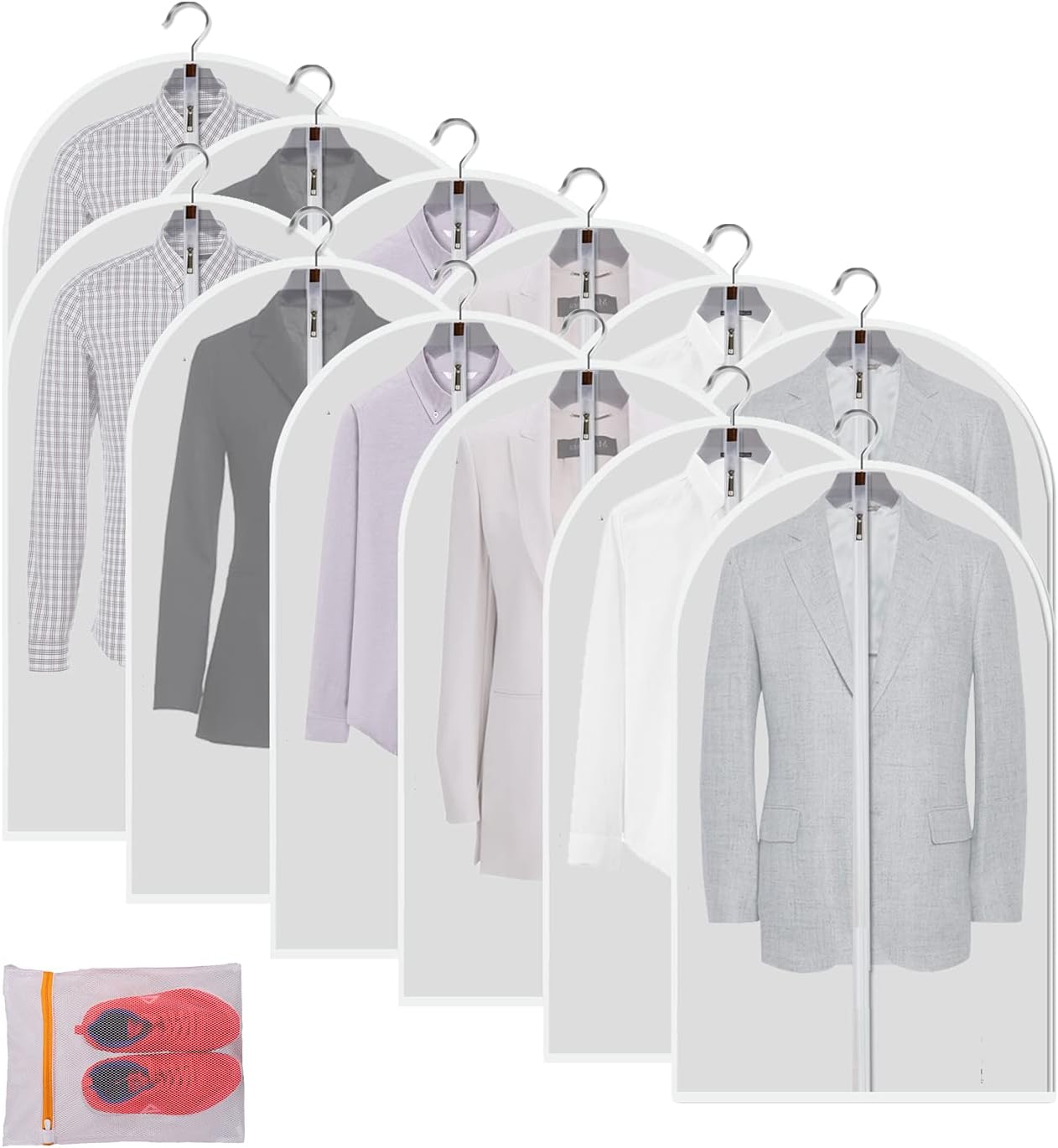 MsKitchen Garment Bags 12 Pack, 24 x 40 Hanging Clothes Storage Bags, Translucent PEVA Garment Covers with Full Zipper for Suits and Dresses