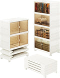 220 QT Large Collapsible Plastic Storage Bins, 4 Tier Stackable Storage Bins for Closet Bedroom, Large Plastic Containers with Wheels, Storage Cabinet with Magnetic Doors, White (220QT-4Tier)