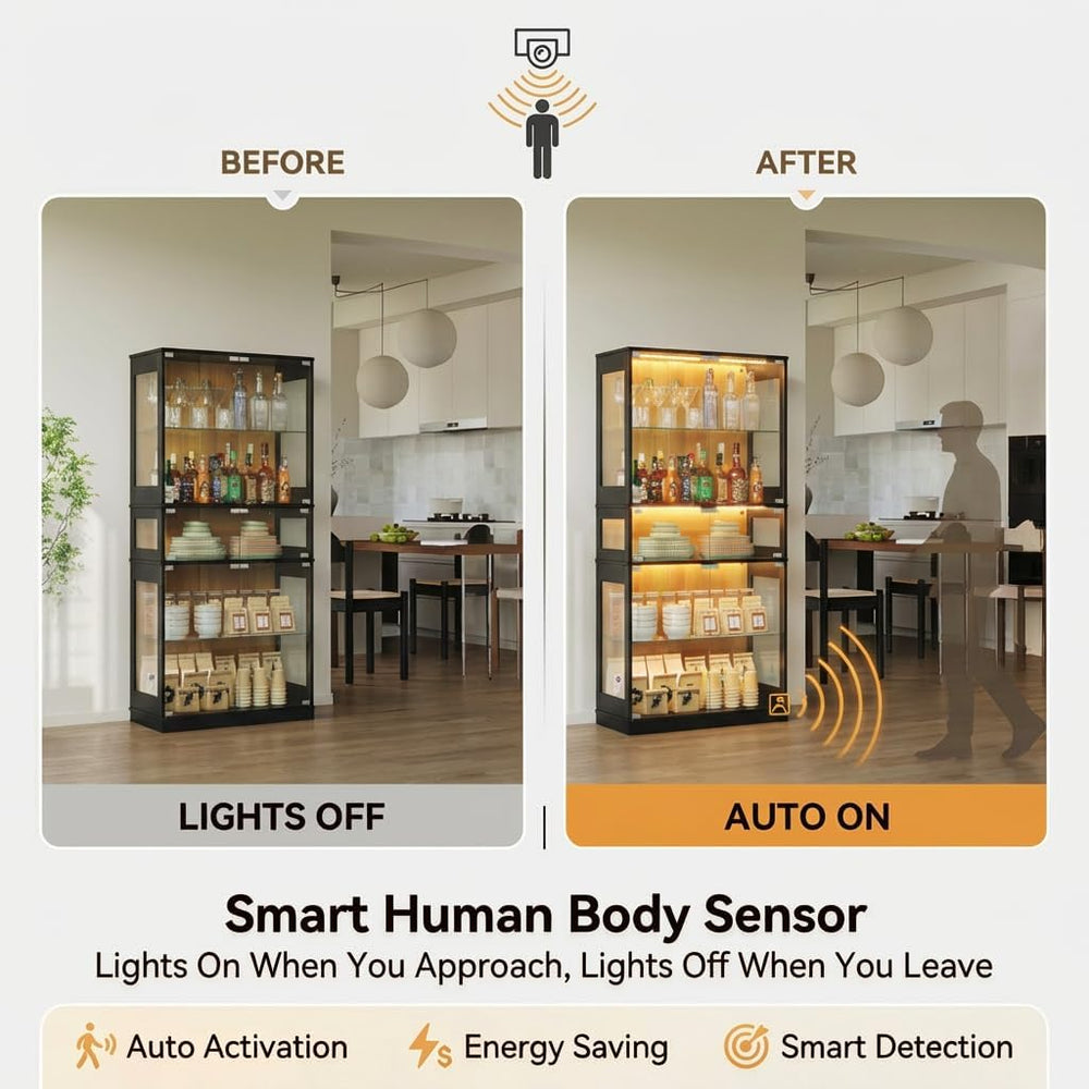 Display Cabinet with Glass Doors & LED Lights, 5 Tier Lighted Display Cas...