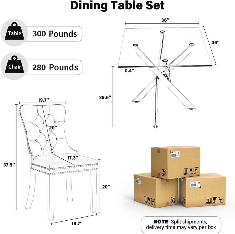 5 Pieces Silver Glass Dining Table Set, Modern Luxury Square Kitchen Table Se...