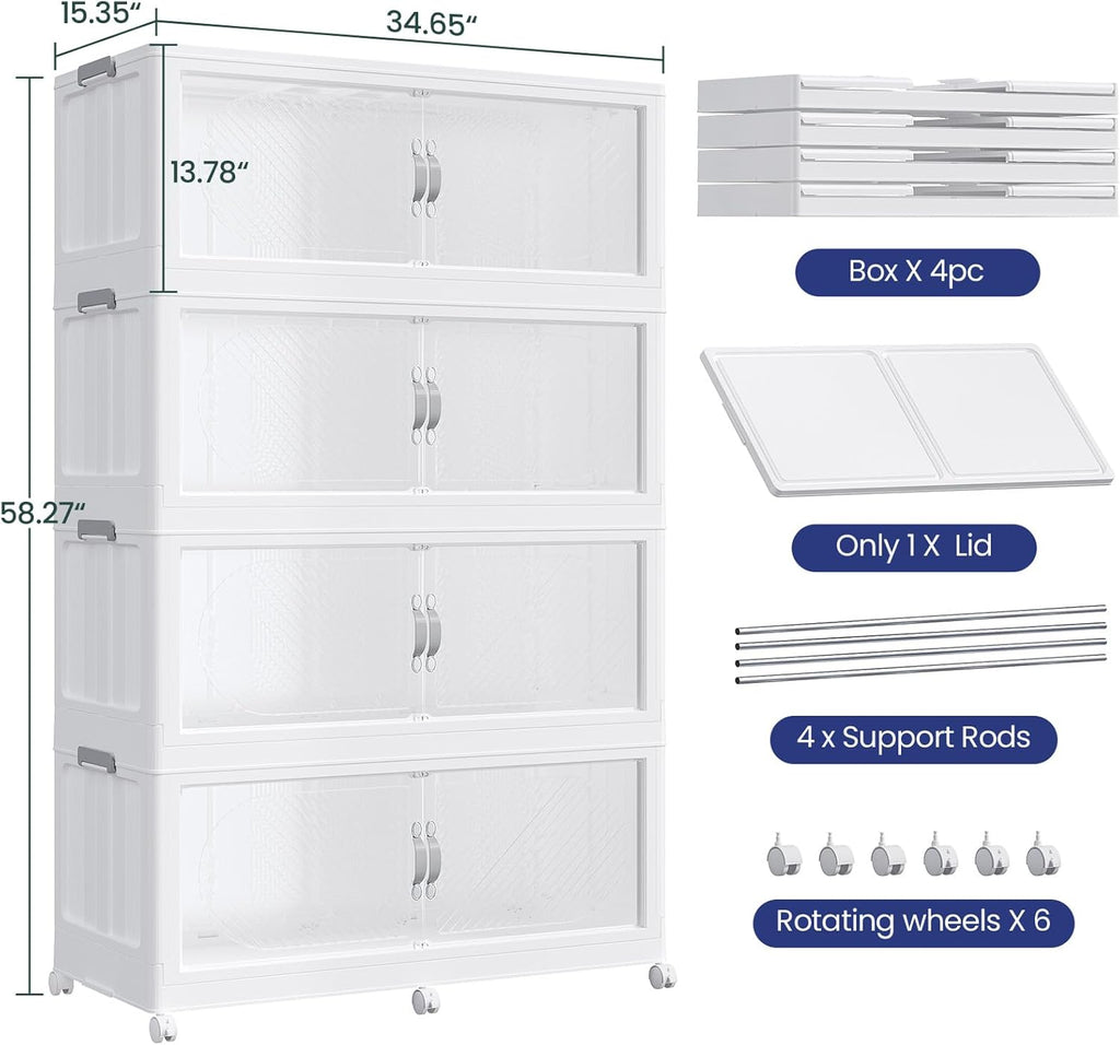 960QT Extra Large Stackable Storage Bins with Lid & Wheels & Doors, 240Gal Foldable Collapsible Closet Organizers, Plastic Cabinet Box Container Drawer for Home Kitchen Bedroom, 4Pack White
