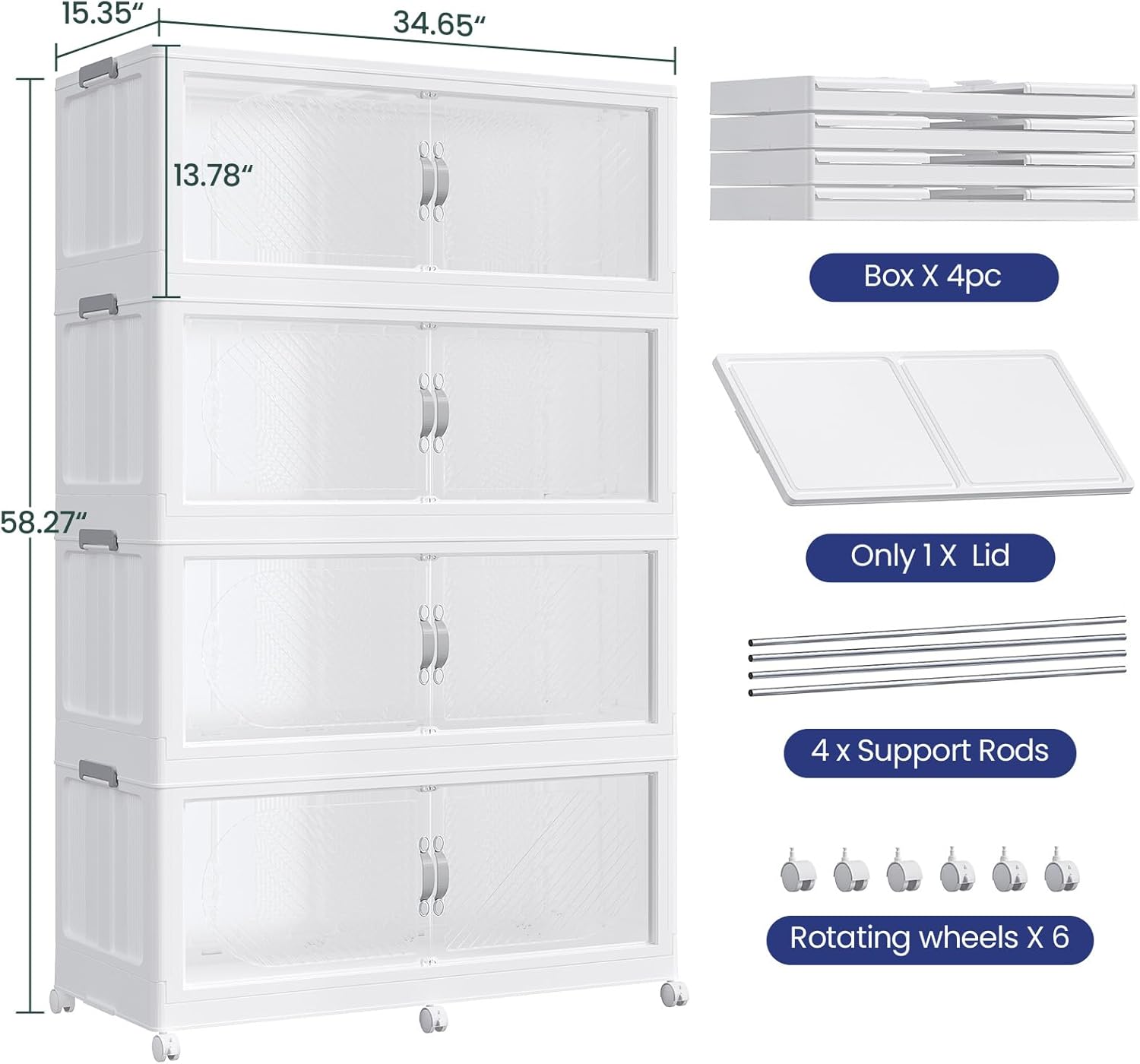 960QT Extra Large Stackable Storage Bins with Lid & Wheels & Doors, 240Gal Foldable Collapsible Closet Organizers, Plastic Cabinet Box Container Drawer for Home Kitchen Bedroom, 4Pack White