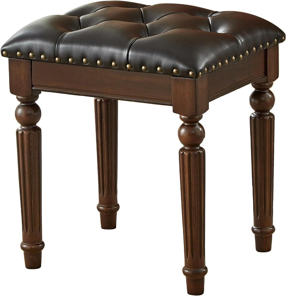 LOFFBOM Vanity Bench Seat, Solid Wood Vintage Vanity Stool (Dark Brown) | Sol...