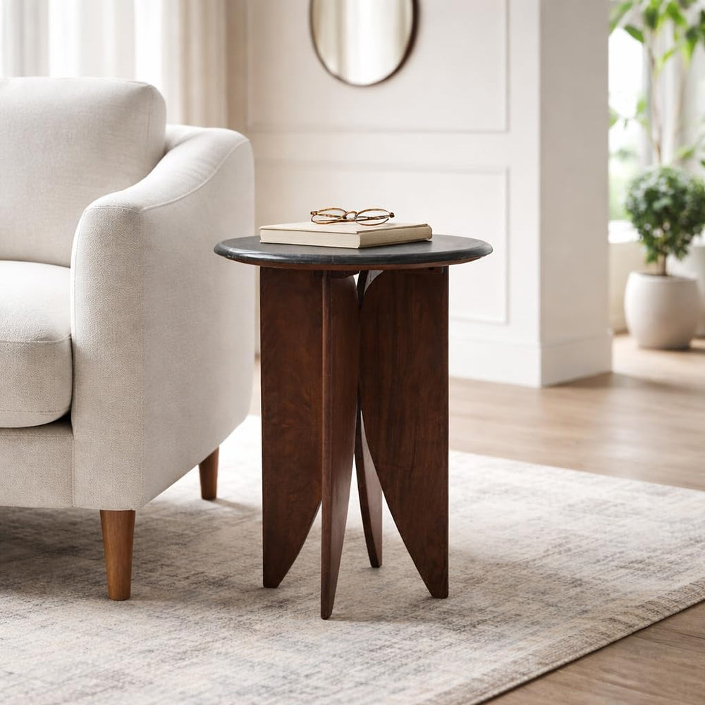 Mango Wood Base and Stone Top for Small Spaces - Round End and Side Table for...