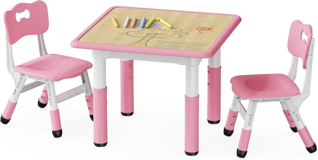 Brelley Height Adjustable Toddler Table and 2 Chairs Set, Pink | Table Supports 280 lbs, Wooden Drawing Activity Desk, Classroom/Daycare/Home, Children Multi-Activity Table for Ages 3-8