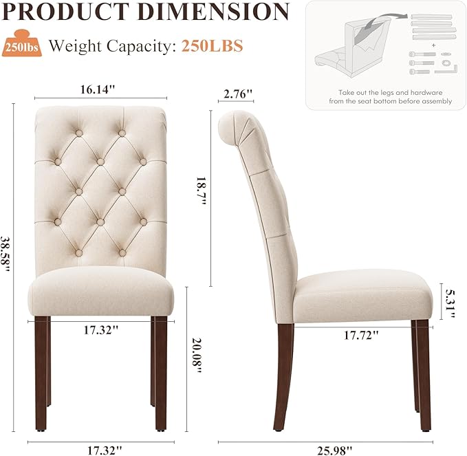 Upholstered Tufted Dining Room Chairs Set of 2, Parsons Kitchen Chairs with Padded Seat and Solid Wood Legs, Fabric Accent Side Diner Chair for Dining Room/Kitchen/Living Room, Beige