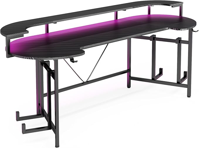 Tribesigns 75 Inch Gaming Desk with Monitor Shelf, Large PC Computer Desk with LED Lights, Gaming Table Gamer Desk for Bedroom, Home Office, Black