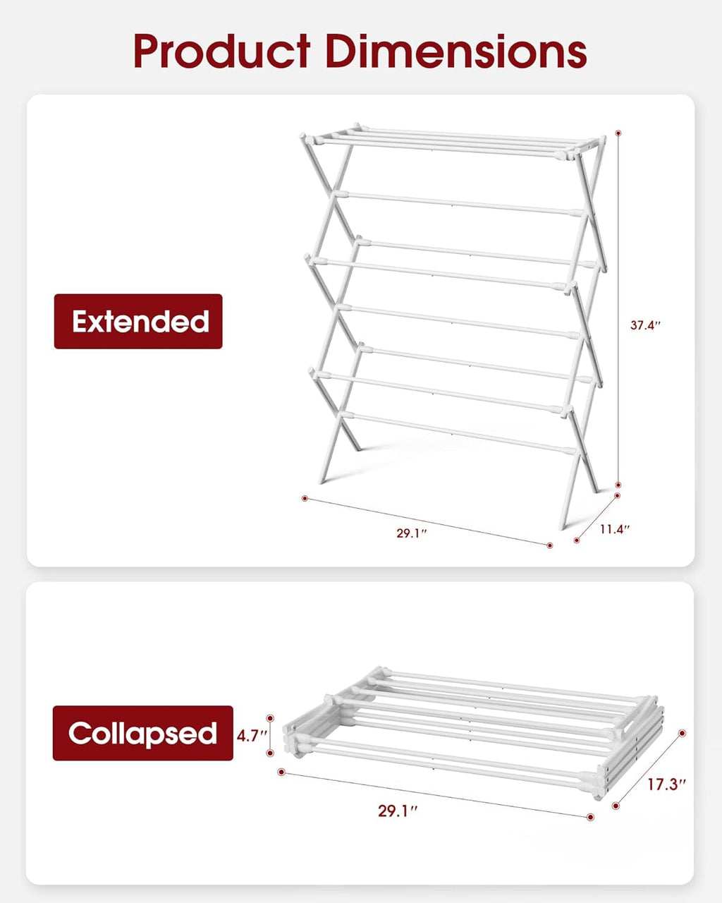 Sakugi Foldable Clothes Drying Rack – Metal Laundry Drying Rack with Non-Slip Feet, 3-Tier Space-Saving Clothing Rack for Organization, Indoor & Outdoor Use, 11.4" D x 29.1" W x 37.4" H, White