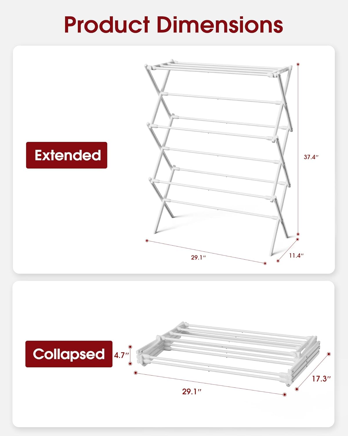 Sakugi Foldable Clothes Drying Rack – Metal Laundry Drying Rack with Non-Slip Feet, 3-Tier Space-Saving Clothing Rack for Organization, Indoor & Outdoor Use, 11.4" D x 29.1" W x 37.4" H, White