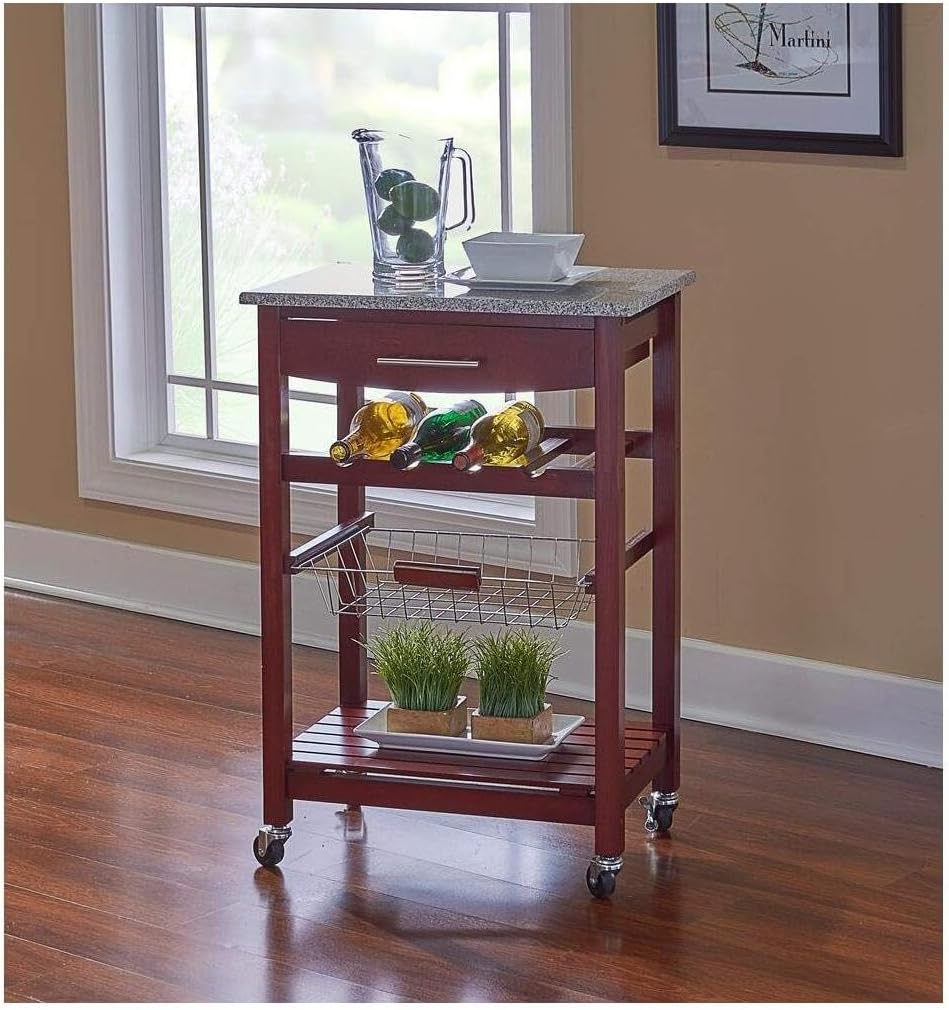 HomeStock Kitchen Island Cart with Granite Top - Rolling Kitchen Island Modern Kitchen Storage, Elegant Wooden Cart